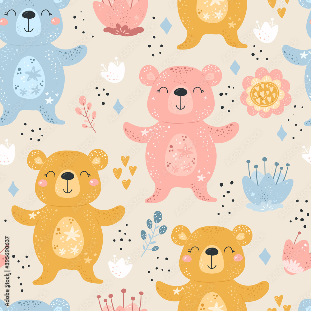 Seamless pattern with Cartoon characters bear and flower on a color background. Vector print. Seamless pattern with Cartoon characters bear and flower on a color background. Vector print.