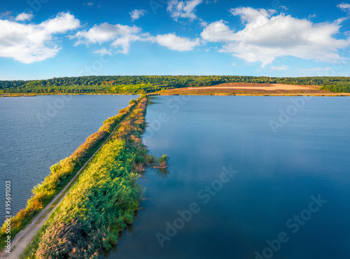 Landscape photography. Picturesque summer scene of Vertelka lake  Ternopil region. Wonderful morning view from flying drone of Ukrainian countryside. Traveling concept background.