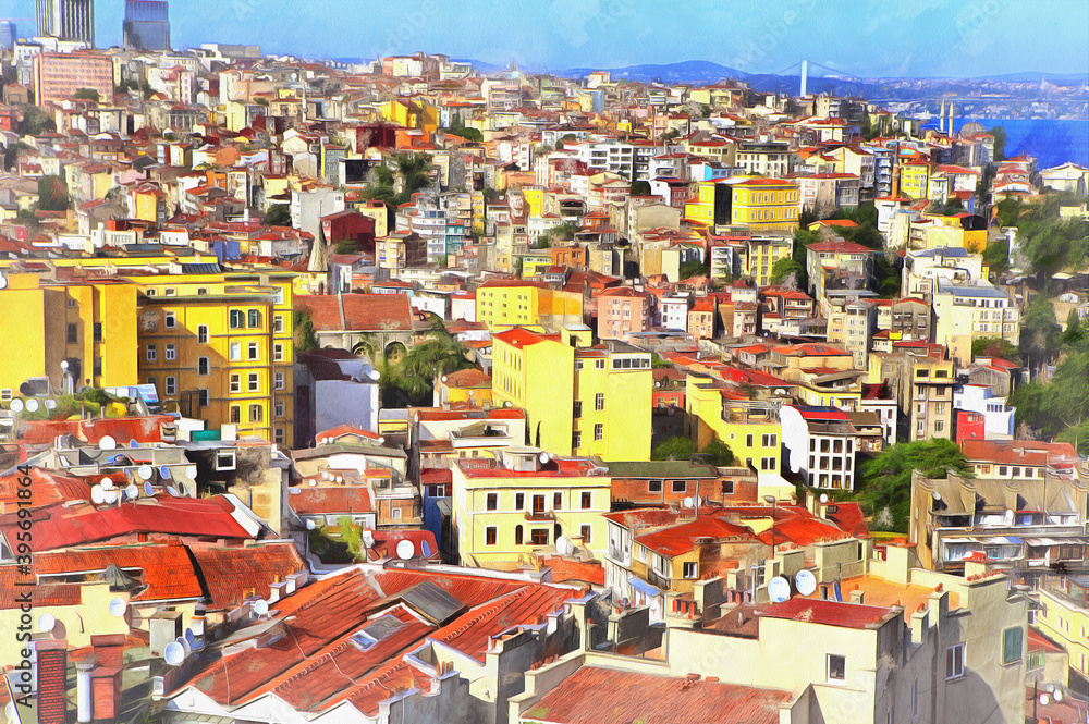Cityscape from Galata tower colorful painting looks like picture, Istanbul, Turkey.