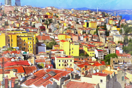 Cityscape from Galata tower colorful painting looks like picture, Istanbul, Turkey.