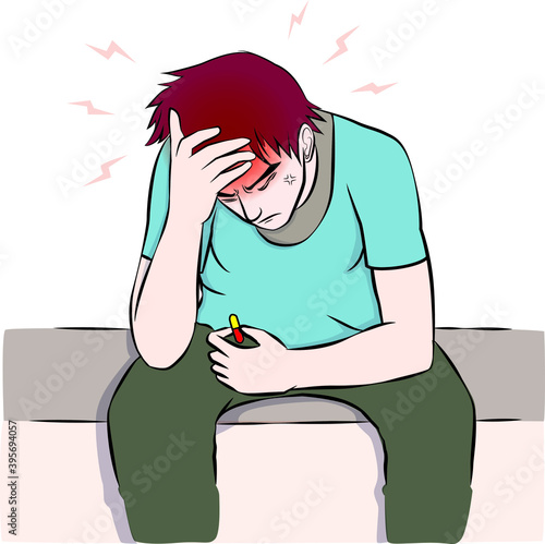 yong man was head ache and pain very much and want to heal by drug cartoon vector