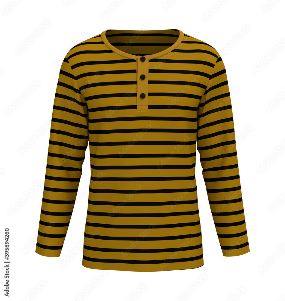Blank henley t-shirt with long sleeve mockup, front view, design presentation for print, 3d illustration, 3d rendering Blank henley t-shirt with long sleeve mockup, front view, design presentation for print, 3d illustration, 3d rendering
