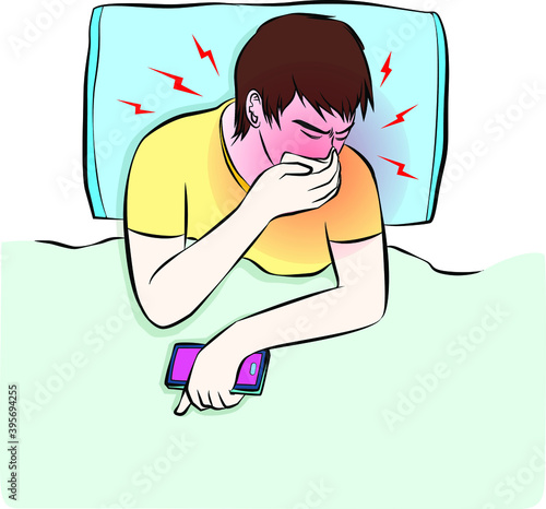 man was pain with sneeze slept on bed cartoon vector sign with healthy