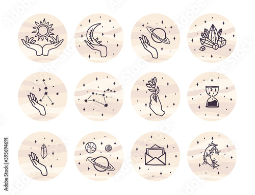 Vector set of logo design templates, icons and badges for social media instagram highlight with cute zodiac symbols