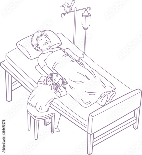 The girl was asleep bedside where her father slept on the patient's bed and was giving saline solution.