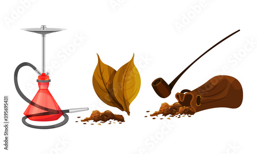 Smoking Pipe with Dry Tobacco Leaves and Hookah with Glass Water Basin Vector Set