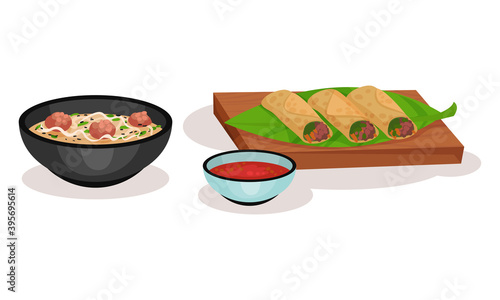 Noodle Soup in Bowl and Stuffed Crumpet Vector Set