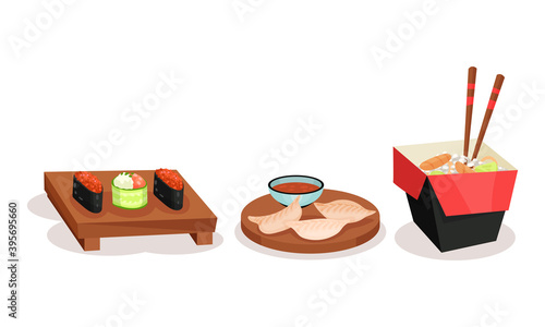Sushi and Stuffed Dumplings Rested on Wooden Board Vector Set