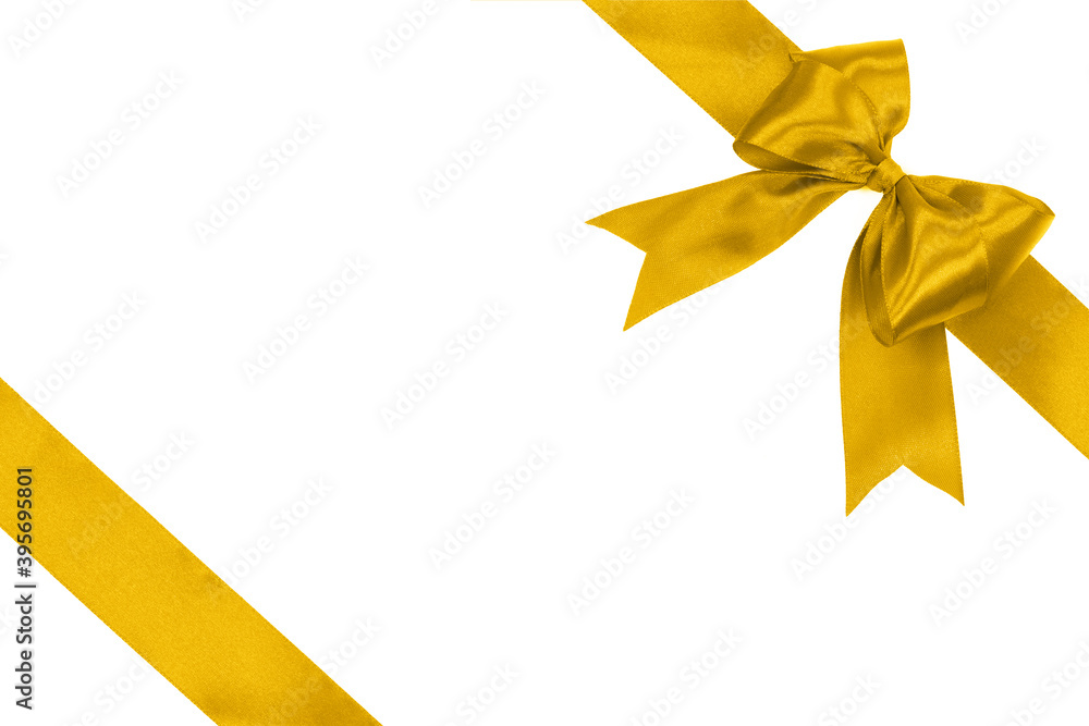 Gift card concept - shiny golden satin ribbon with bow isolated on white background Gift card concept - shiny golden satin ribbon with bow isolated on white background