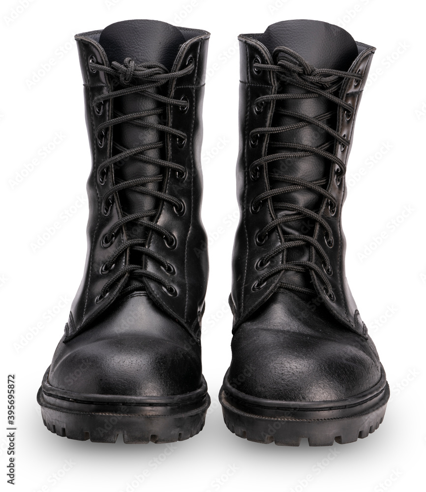Black leather Combat Shoes isolated on white background With clipping path, Shiny polished black leather soldiers Combat Shoes.