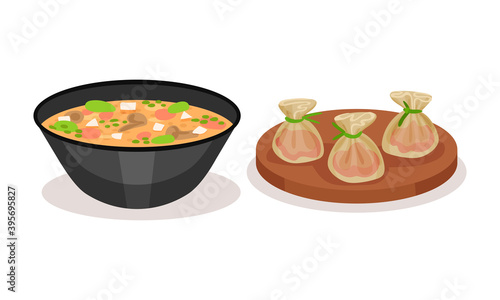 Creamy Soup in Bowl and Stuffed Dumplings on Wooden Board Vector Set