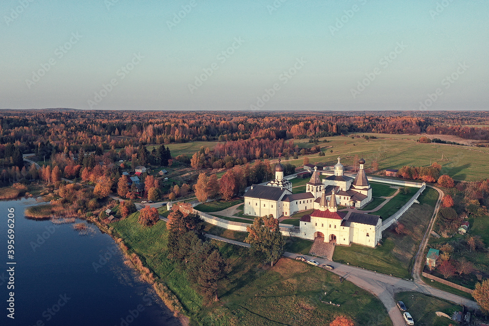 landscape of ferapontov monastery autumn, top view drone, orthodox church of vologda