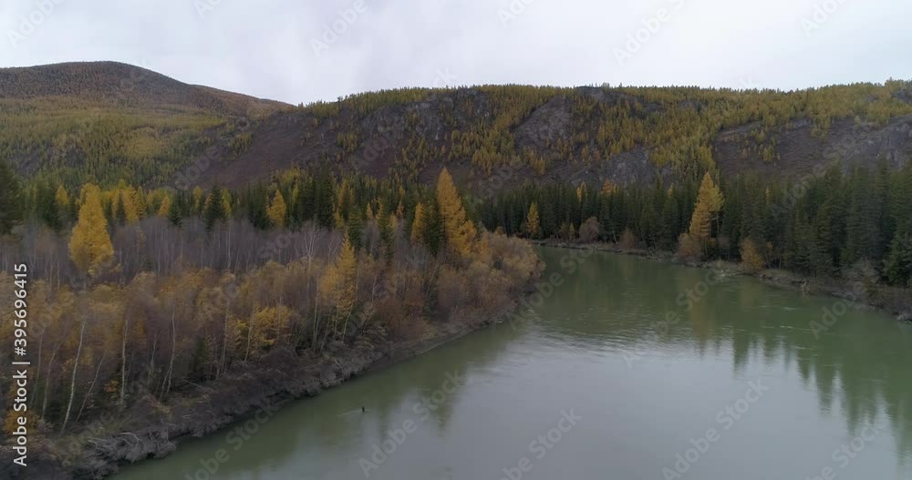 Aerial view from drone of Chuya mountain river flowing, Altai Republic, Russia