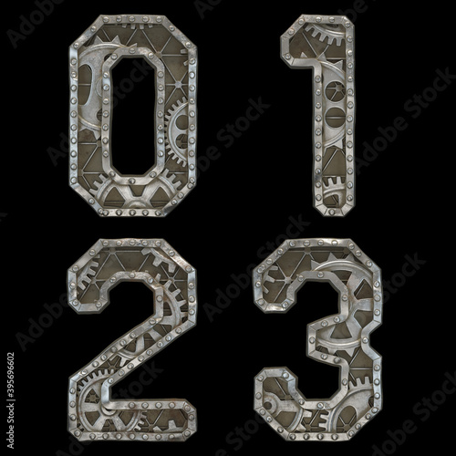 Mechanical alphabet made from rivet metal with gears on black background. Set of numbers 0, 1, 2, 3. 3D