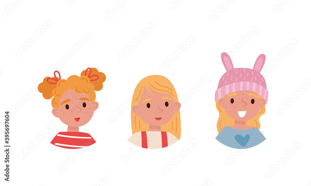 Avatars of Children Characters with Happy Faces of Girls Vector Set Avatars of Children Characters with Happy Faces of Girls Vector Set