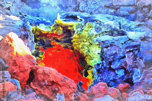 View on Tolbachik volcano colorful painting, Kamchatka Peninsula, Russia.