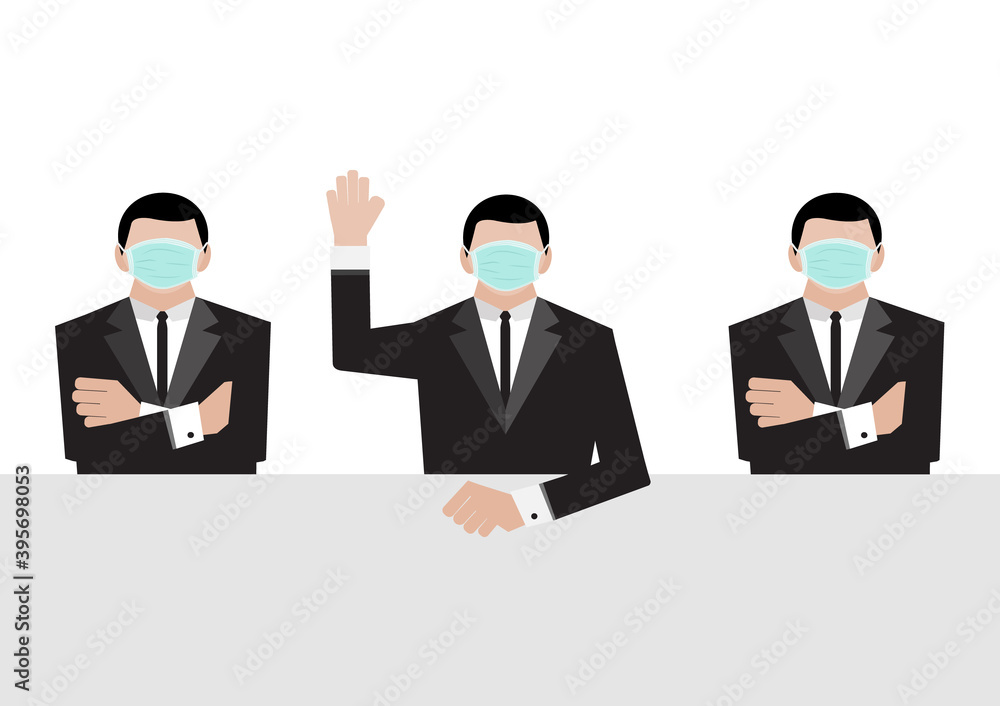businessman wear medical mask raise their hands to vote in a conference room vector
