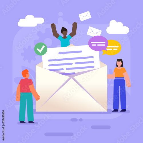 Receive or send letter, mail, message. Group of people stand near big envelope. Modern vector illustration