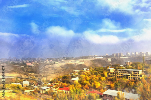 Cityscape of Yerevan colorful painting looks like picture, Armenia.
