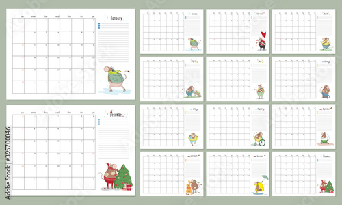 White ox calendar or planner A4 format for 2021 with kawaii cartoon ox, bull or cow, symbol of new year, cute characters - 12 monthly pages. Week starts on Sunday, vector editable template 