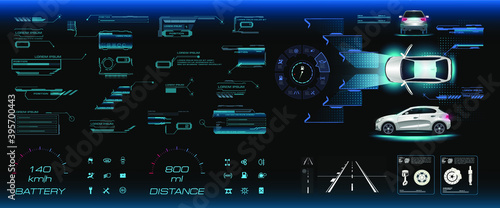 Car game interface HUD, GUI, UI with car and settings. Realistic city electric car with dashboard, instrument readings, electronics settings and driverless driving on the road