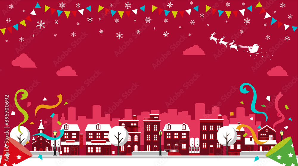 Christmas cityscape vector banner illustration (winter season) / no text