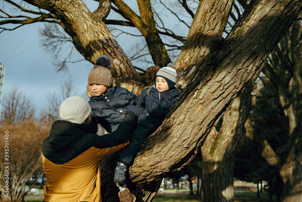 children sitting on big tree. in park A father helping his cute little son coming down . Image with selective focus. children sitting on big tree. in park A father helping his cute little son coming down . Image with selective focus.
