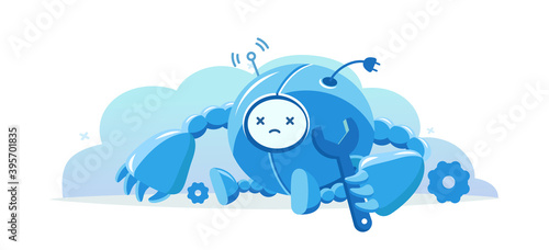 Broken round robot. Repairs service scene. Breaking mistake situation. Cartoon vector flat. Character mascot. Support does not work. Service-center.