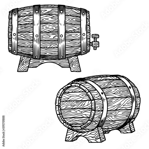 Illustration of wooden whiskey barrel  in engraving style. Design element for emblem, sign, poster, card, banner, flyer. Vector illustration