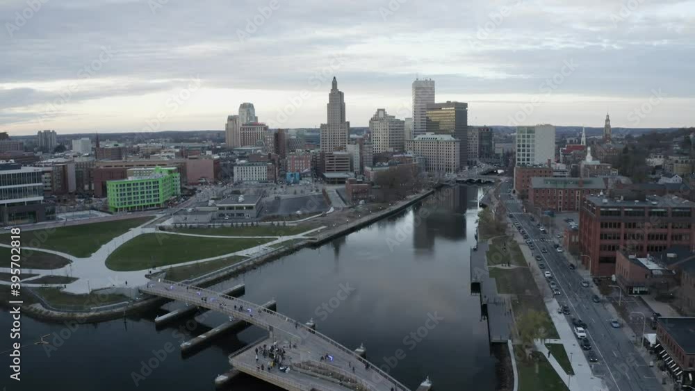 Pedestrian Bridge and cityscape drone aerial, Downtown Providence, Rhode Island Pedestrian Bridge and cityscape drone aerial, Downtown Providence, Rhode Island