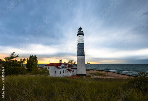 Big Sable Point lighthouse on Lake Michigan, Sun set 