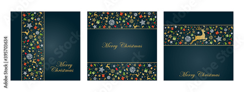 Pack of greeting cards with gold , red, green Christmas  deer, gifts, snowflakes, christmas tree on dark green background. Vector illustration. Gold holliday pattern