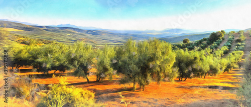 Landscape with old olives colorful painting looks like picture, Andalusia, Spain.
