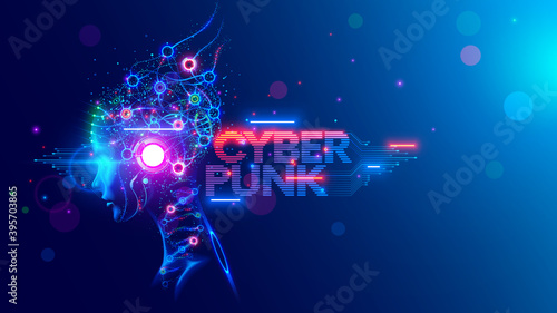 AI. Woman Cyborg head with artificial neural networks brain. Neon cyberpunk word in style 80th. Female robot face with computer artificial intelligence. Electronic Technology banner in 80th cyberpunk
