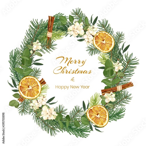 Christmas and New Year wreath with spruce branches, eucalyptus, snowberry, dried oranges and cinnamon. Holiday greeting card. Stock Vector illustration isolated on a white background.