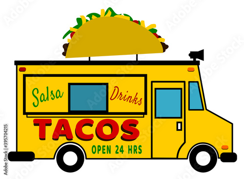 Colorful taco truck with giant taco on top