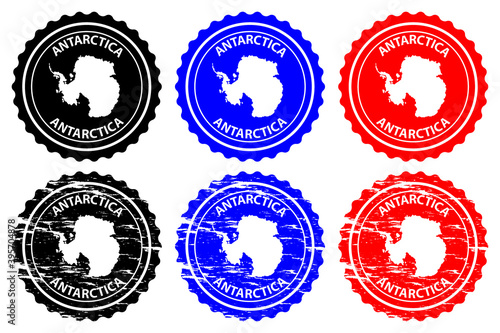 Antarctica - rubber stamp - vector, Antarctica continent map pattern - sticker - black, blue and red