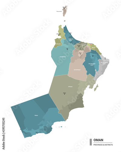 Oman higt detailed map with subdivisions. Administrative map of Oman with districts and cities name, colored by states and administrative districts. Vector illustration. photo