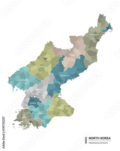 North Korea higt detailed map with subdivisions. Administrative map of North Korea with districts and cities name  colored by states and administrative districts. Vector illustration.