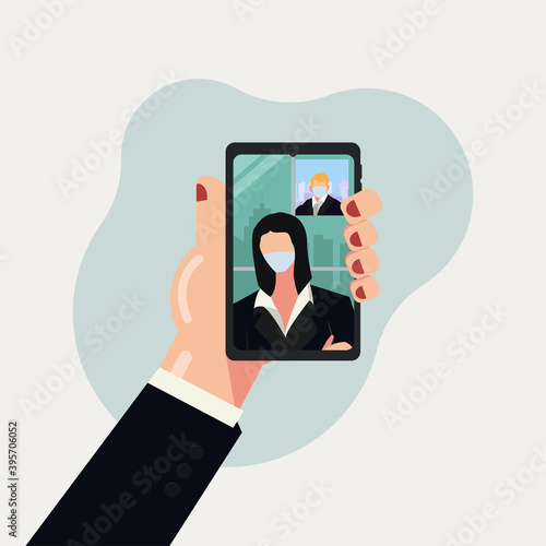 Business workers or entrepreneur wearing face mask video call vector Illustration