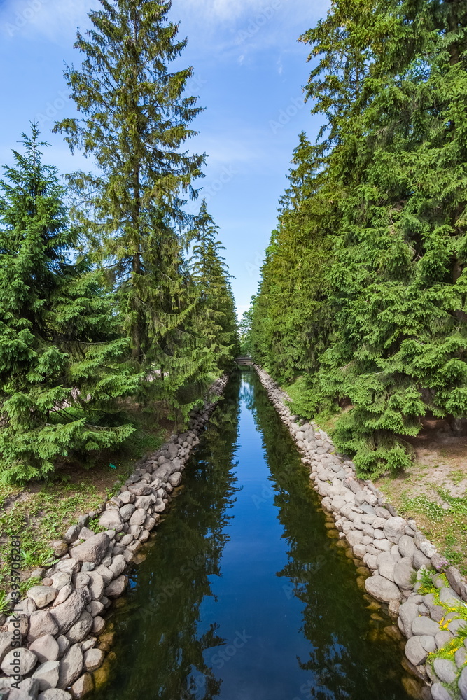 Fototapeta premium Summer landscape in a city Park with trees, grass, river, sky with clouds