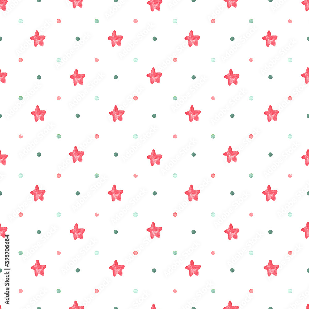 Watercolor seamless pattern with  stars and polka dots on white. Great for fabrics, wrapping papers, covers, digital paper. Hand painted endless texture. Turquoise, green and pink gentle colors.