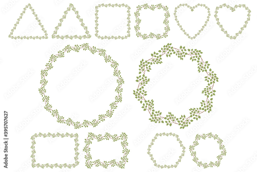 Green leaves branch wreath on white background. Vector drawing. Collection include six shape of frame - sircle, heart, square, hexagon, rectangle, triangle. Green leaves branch wreath on white background. Vector drawing. Collection include six shape of frame - sircle, heart, square, hexagon, rectangle, triangle.