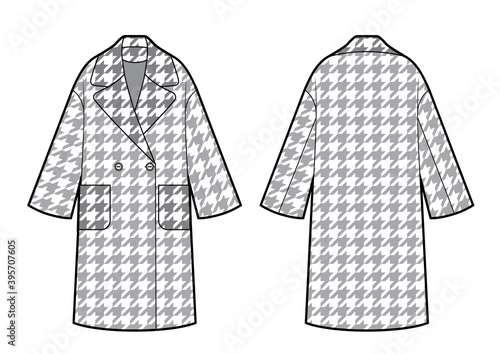 technical drawing of classic coat with houndtooth pattern, fashion sketch