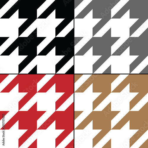 Houndstooth vector seamless pattern set. Traditional Scottish plaid fabric collection in brown, white, dark and grey color.