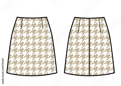 A-skirt with houndstooth pattern. Back and front. Technical flat sketch.