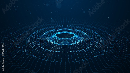 Water drop wave. Abstract gradient dynamic wave of glowing particles and lines. Network of neon dots and lines. Big data. Digital background. 3d rendering