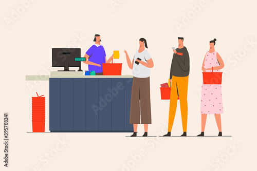 Queue line at cashier concept. Customer standing and waiting in queue for payment. Flat vector illustration