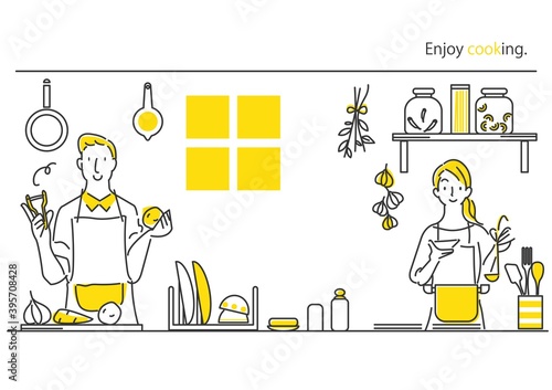 シンプルでお洒落な手描きの線画イラスト　料理をする男女　黄色　グレー　２色
