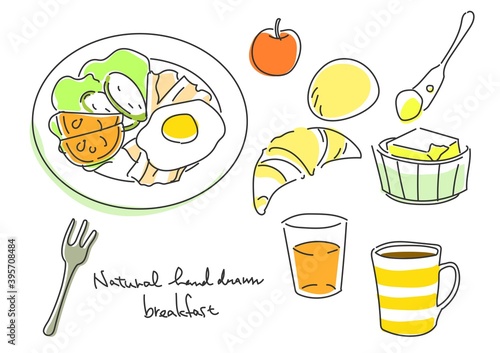 シンプルでお洒落な手描き線画の朝食のイラスト　洋食